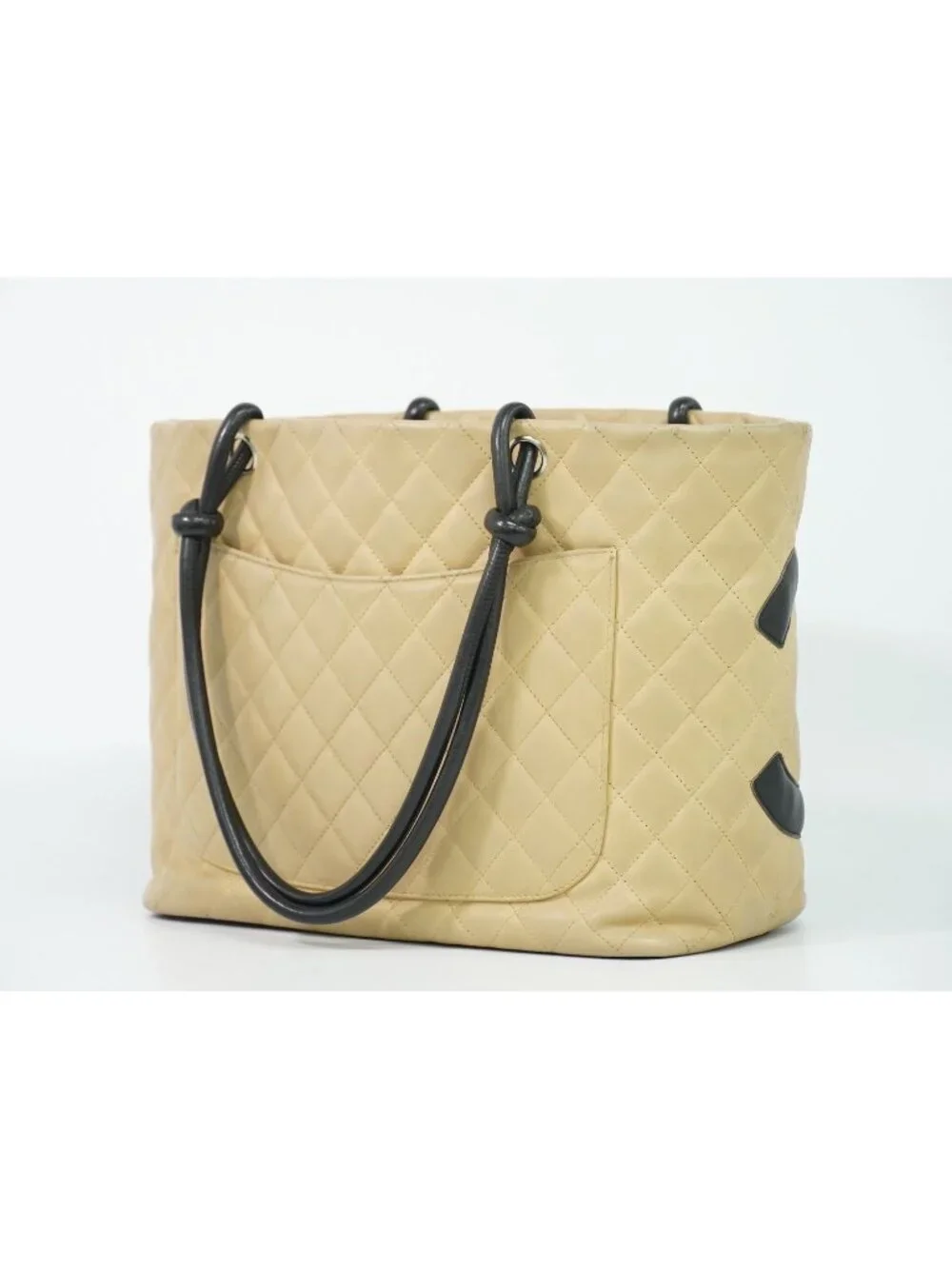 Chanel CC Logo Cambon Line Shoulder Bag Tote Leather Beige Vintage